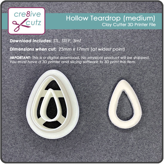 Hollow Teardrop (Medium) Polymer Clay Earring Cutter - 3D Printer File
