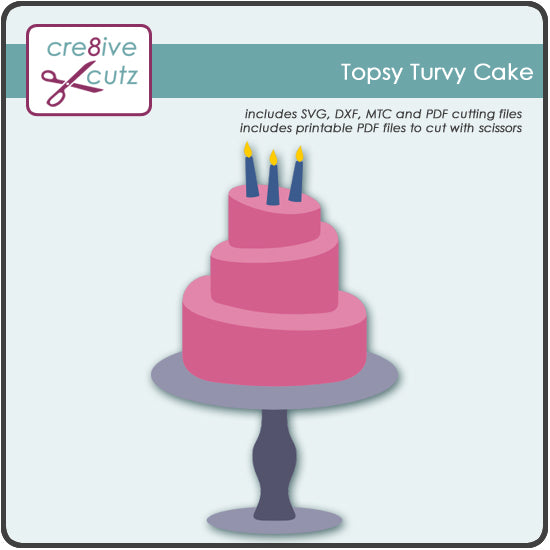 Pink three tiered Topsy Turvy Cake on cake stand with Candles