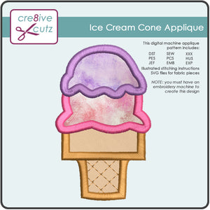 Ice Cream Cone machine applique embroidery design for t-shirts